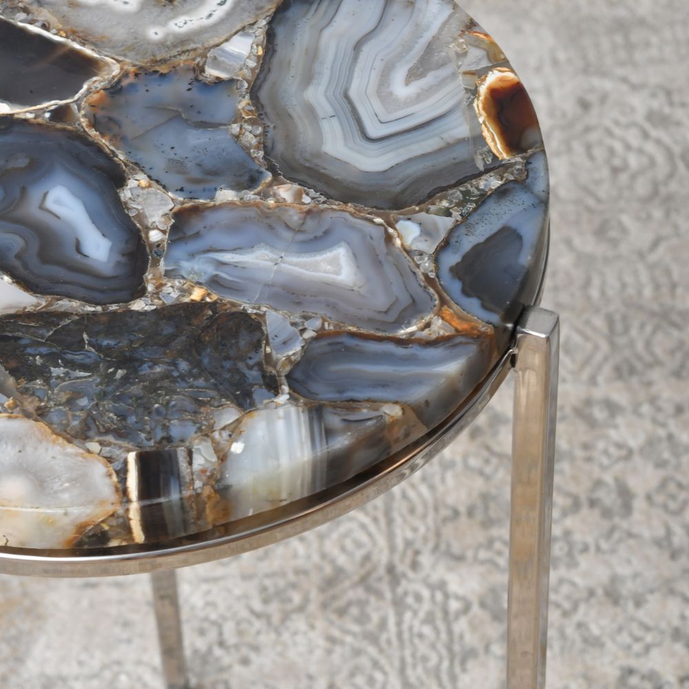 Libra Midnight Mayfair Collection - Agate Round Side Table on Frame Nickel