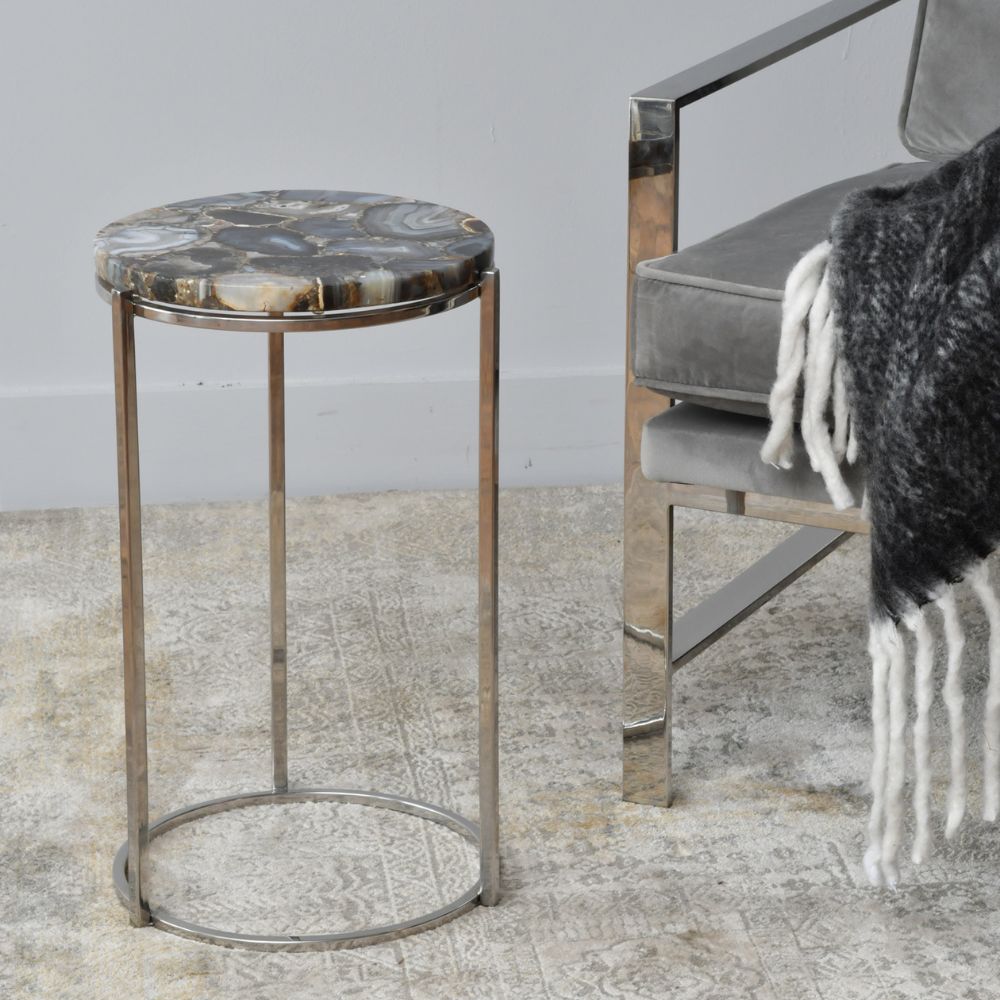 Libra Midnight Mayfair Collection - Agate Round Side Table on Frame Nickel