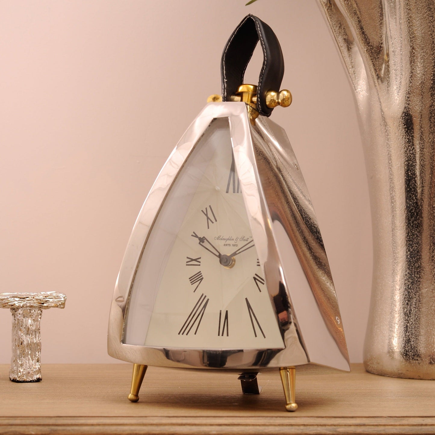 Libra Midnight Mayfair Collection - Isosceles Curved Front Mantel Clock With Leather Handle