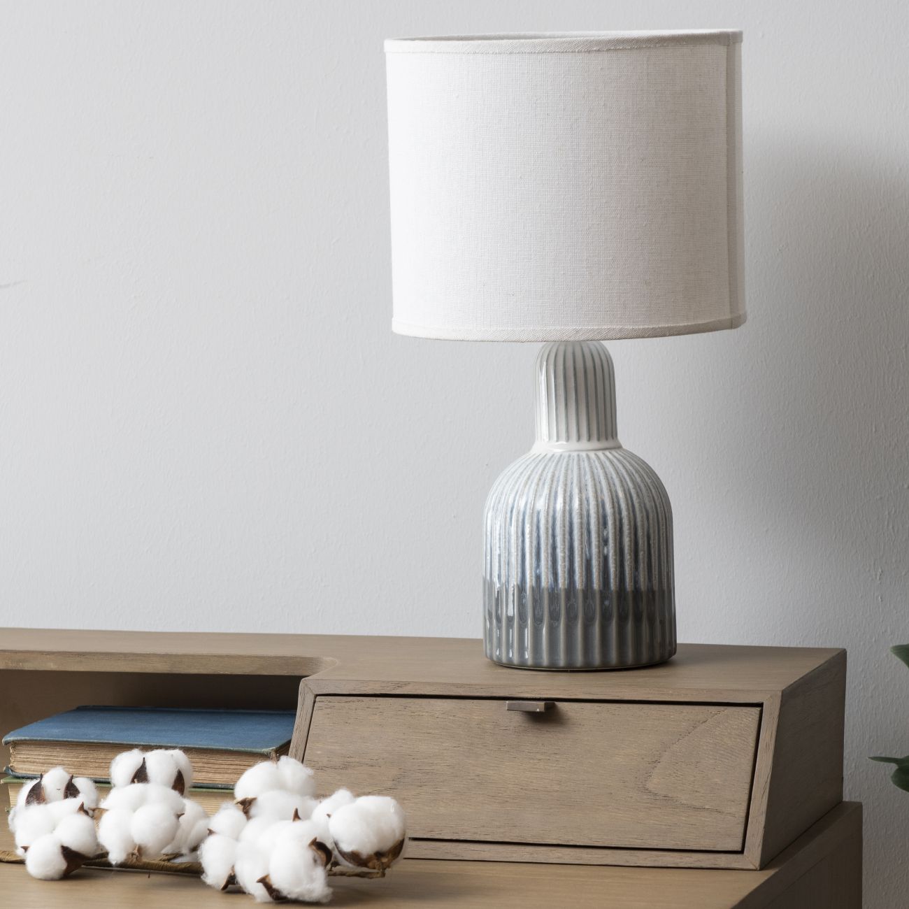 Libra Calm Neutral Collection - Porcelain Lamp Ribbed Detailing Shade Small Grey White