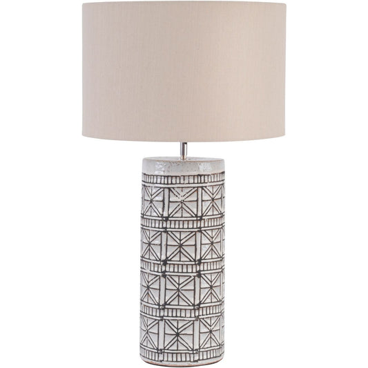 Libra Calm Neutral Collection - Porcelain Table Lamp Geo Pattern & Natural Shade Large Brown