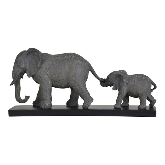 Libra Calm Neutral Collection - Grey Mother And Calf Elephant Resin Sculpture On Black Base