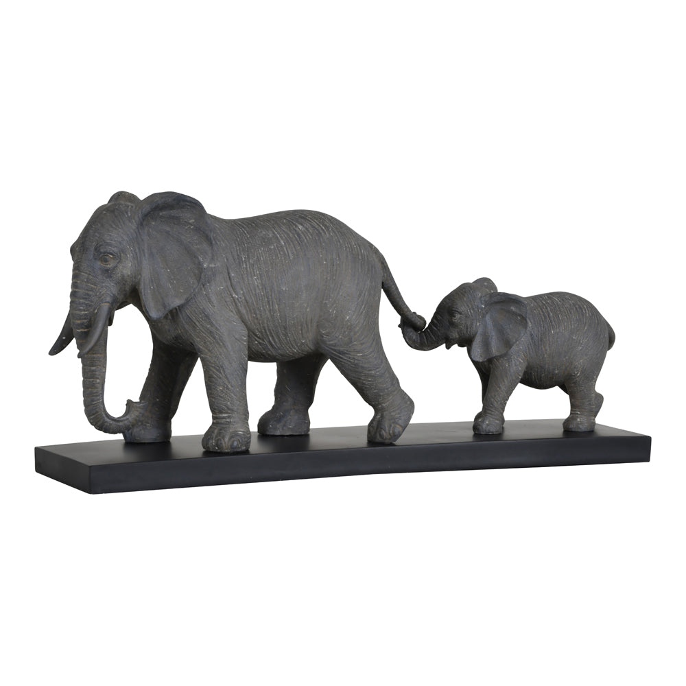 Libra Calm Neutral Collection - Grey Mother And Calf Elephant Resin Sculpture On Black Base