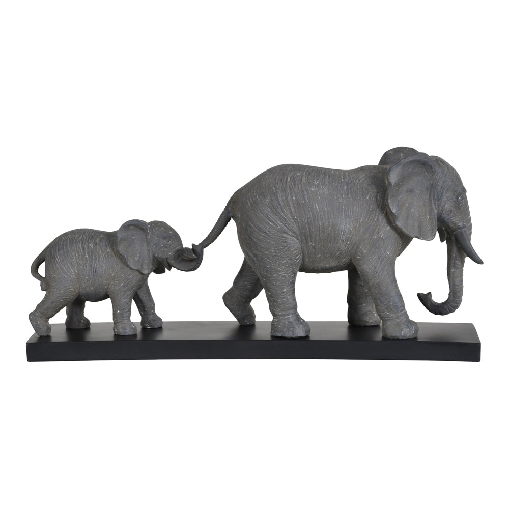 Libra Calm Neutral Collection - Grey Mother And Calf Elephant Resin Sculpture On Black Base