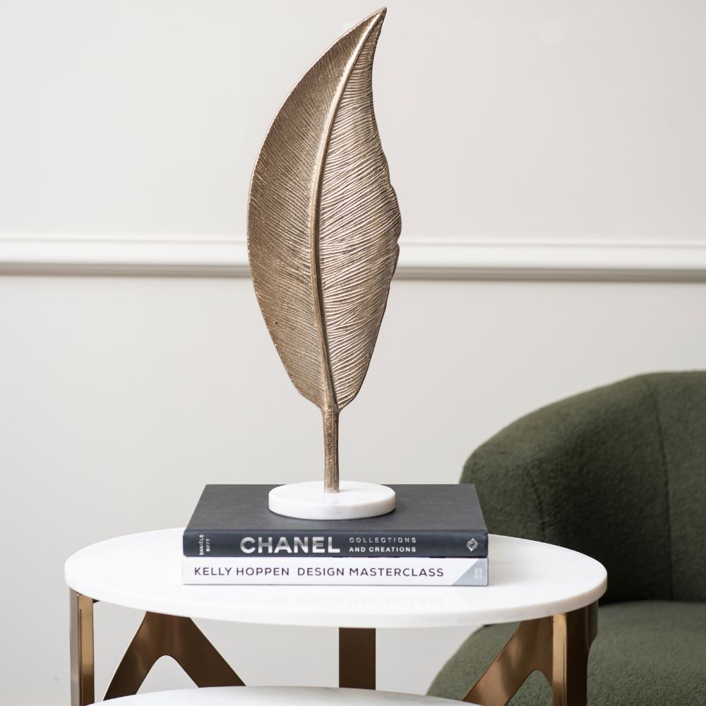 Libra Luxurious Glamour Collection - Savoy Champagne Gold Aluminium Feather Sculpture On White Marble Base