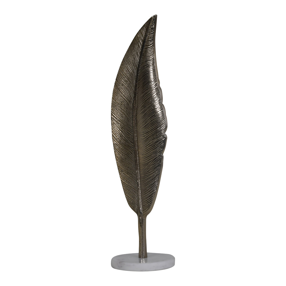 Libra Luxurious Glamour Collection - Savoy Champagne Gold Aluminium Feather Sculpture On White Marble Base