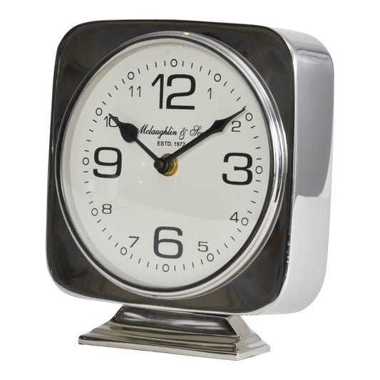 Libra Midnight Mayfair Collection - Vickery Silver Nickel Square Mantel Clock On Stand