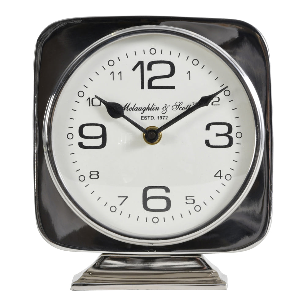 Libra Midnight Mayfair Collection - Vickery Silver Nickel Square Mantel Clock On Stand