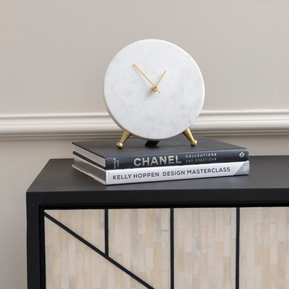 Libra Luxurious Glamour Collection - Round White Marble Mantel Clock On Gold Metal Stand