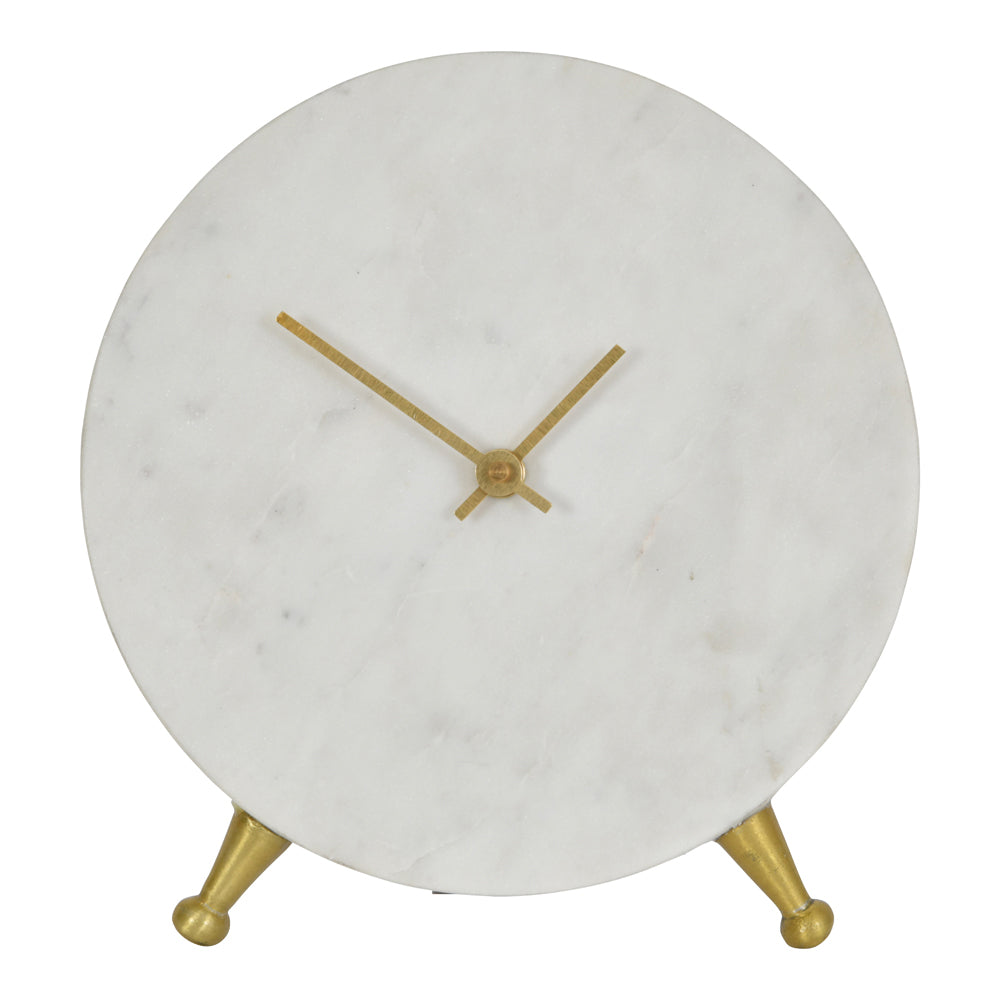Libra Luxurious Glamour Collection - Round White Marble Mantel Clock On Gold Metal Stand