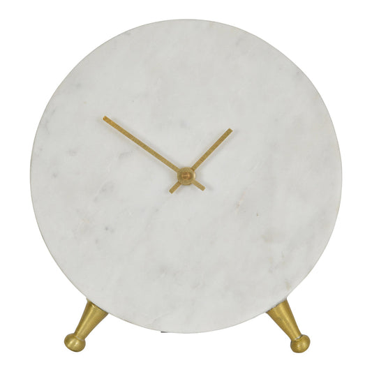 Libra Luxurious Glamour Collection - Round White Marble Mantel Clock On Gold Metal Stand