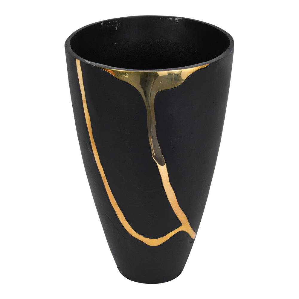 Libra Luxurious Glamour Collection - Arizona Black Aluminium Large Vase With Gold Lava Detail