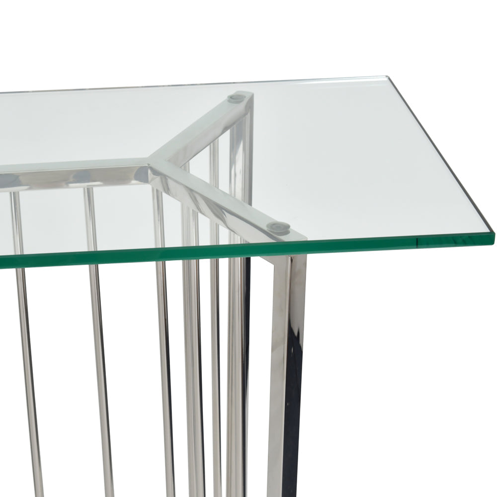 Libra Midnight Mayfair Collection - Abington Stainless Steel Frame and Clear Glass Console Table