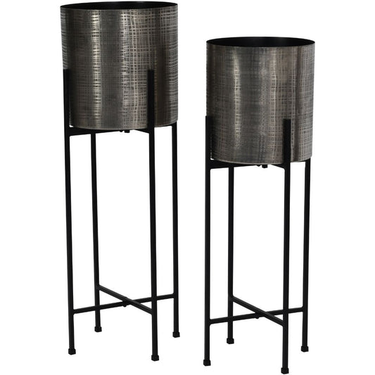 Libra Clyde Set Of 2 Floor Standing Nickel Planters on Black Stands