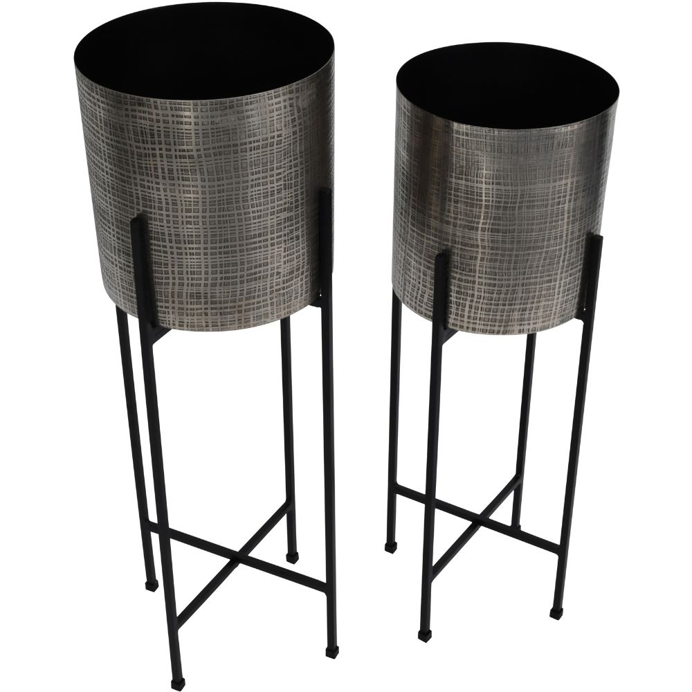 Libra Clyde Set Of 2 Floor Standing Nickel Planters on Black Stands