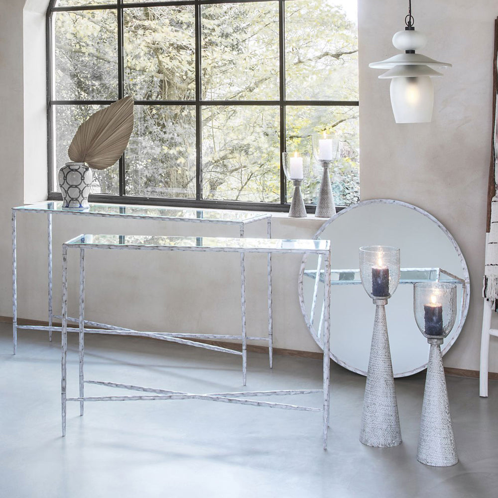 Libra Calm Neutral Collection - Sandbanks Iron and Hammered Glass Table Hurricane in Chalk White