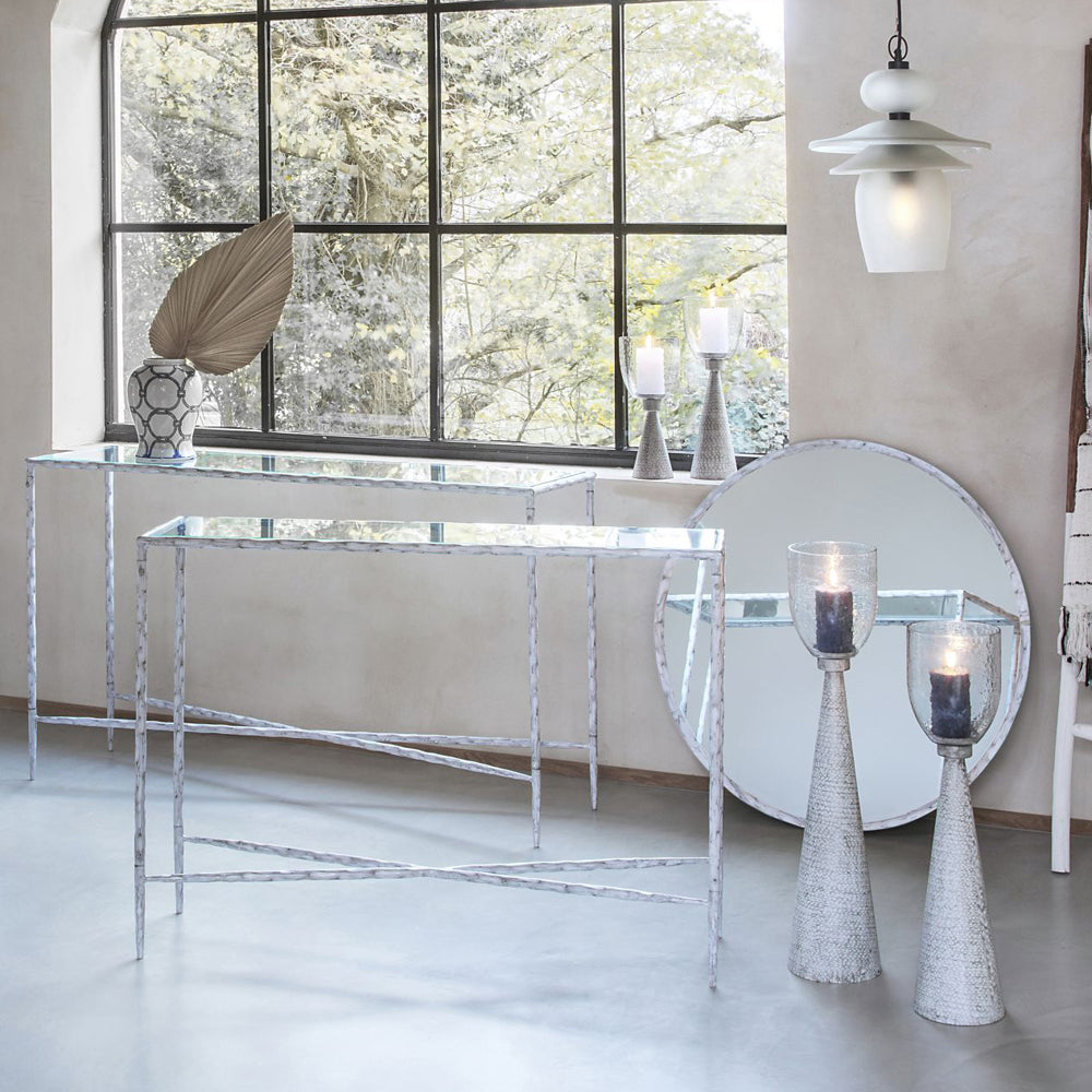 Libra Calm Neutral Collection - Sandbanks Iron and Hammered Glass Table Hurricane in Chalk White