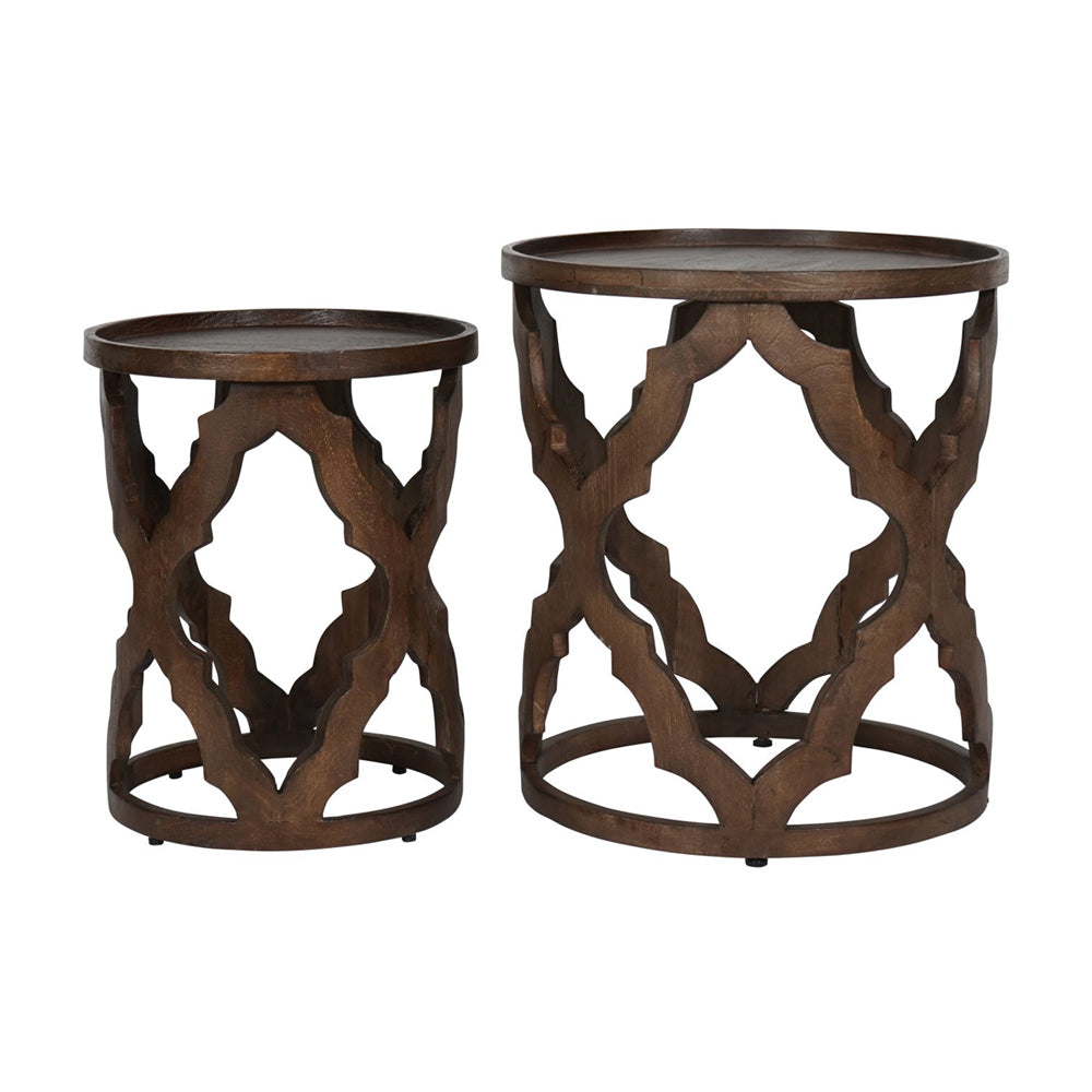 Libra Calm Neutral Collection - Set of 2 Kielder Solid Carved Wooden Nesting Side Tables in Dark Brown