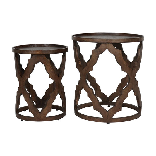 Libra Calm Neutral Collection - Set of 2 Kielder Solid Carved Wooden Nesting Side Tables in Dark Brown