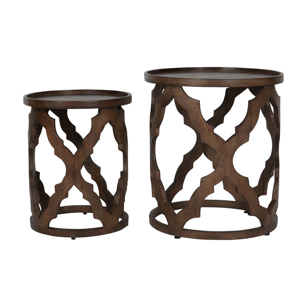 Libra Calm Neutral Collection - Set of 2 Kielder Solid Carved Wooden Nesting Side Tables in Dark Brown