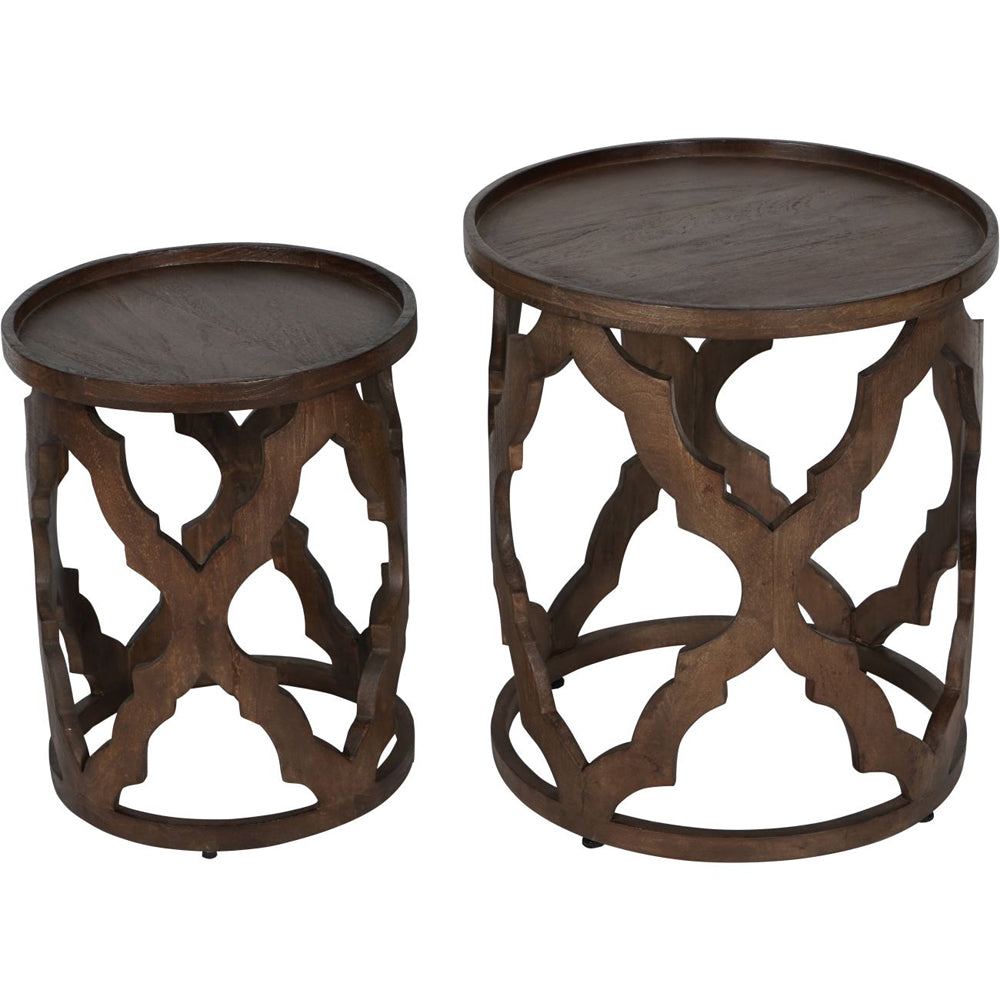 Libra Calm Neutral Collection - Set of 2 Kielder Solid Carved Wooden Nesting Side Tables in Dark Brown