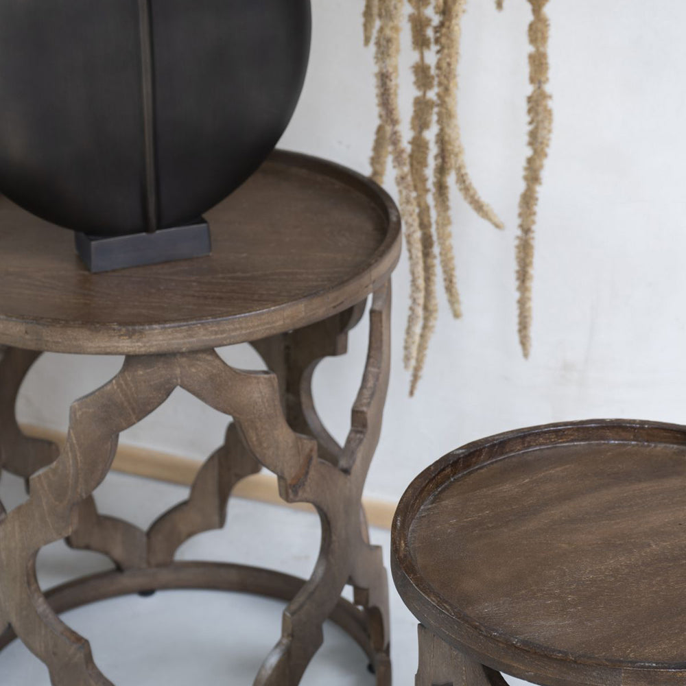 Libra Calm Neutral Collection - Set of 2 Kielder Solid Carved Wooden Nesting Side Tables in Dark Brown