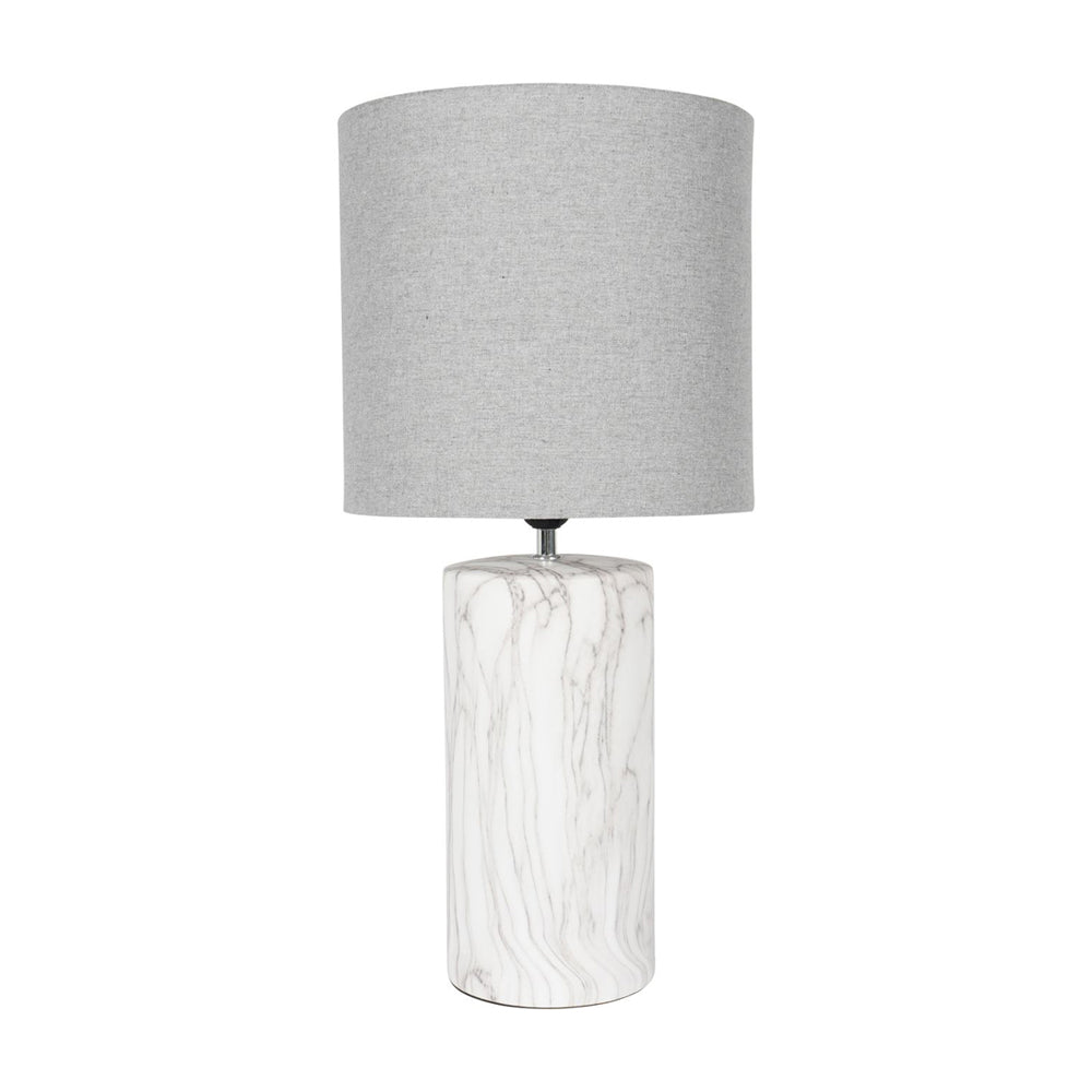 Libra Calm Neutral Collection - Marble Effect Column Table Lamp with Grey Drum Shade