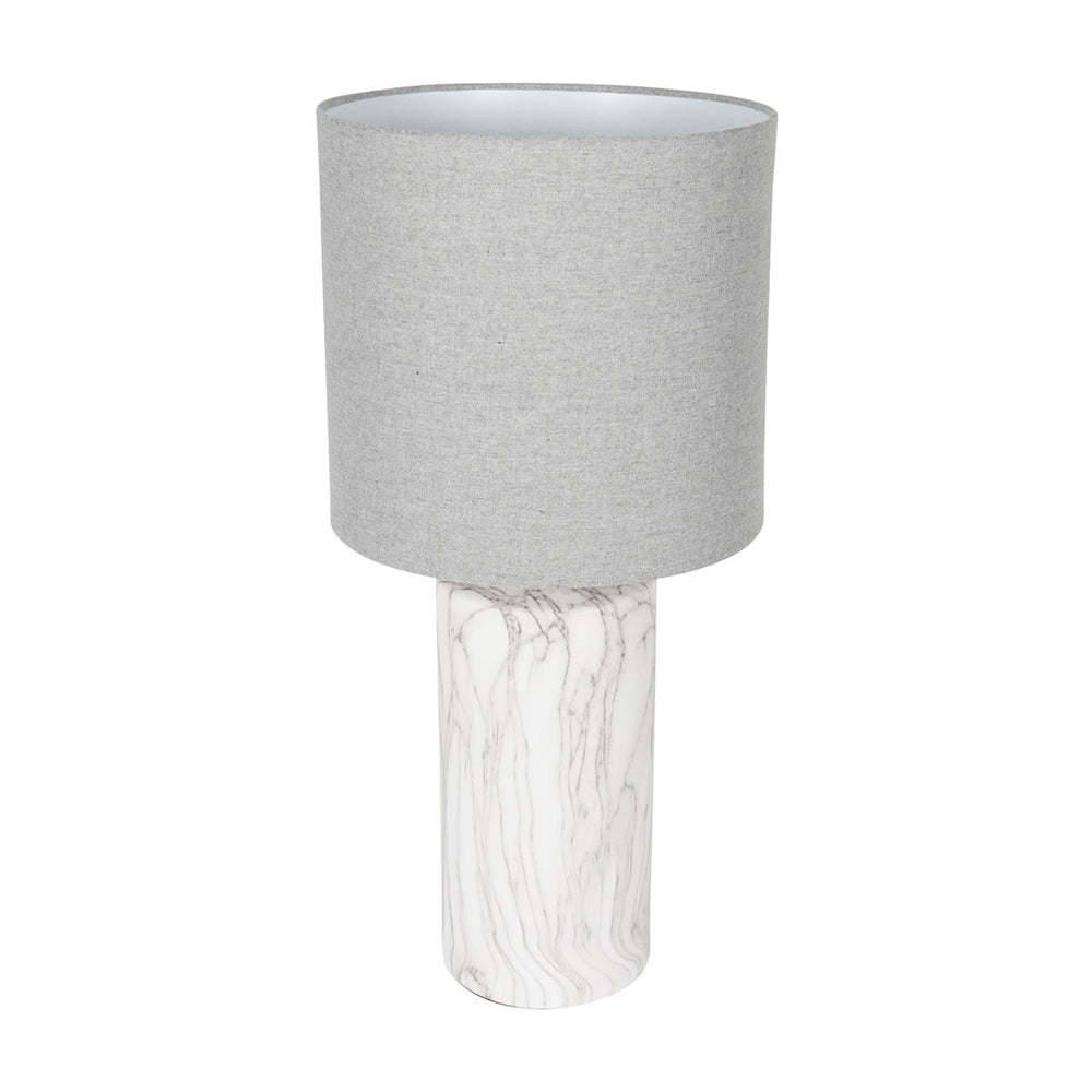 Libra Calm Neutral Collection - Marble Effect Column Table Lamp with Grey Drum Shade