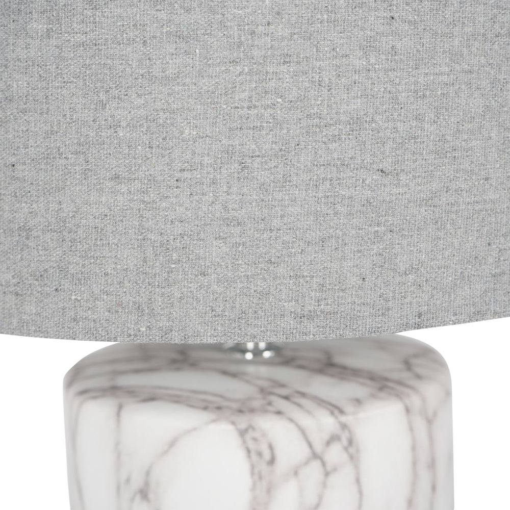 Libra Calm Neutral Collection - Marble Effect Column Table Lamp with Grey Drum Shade