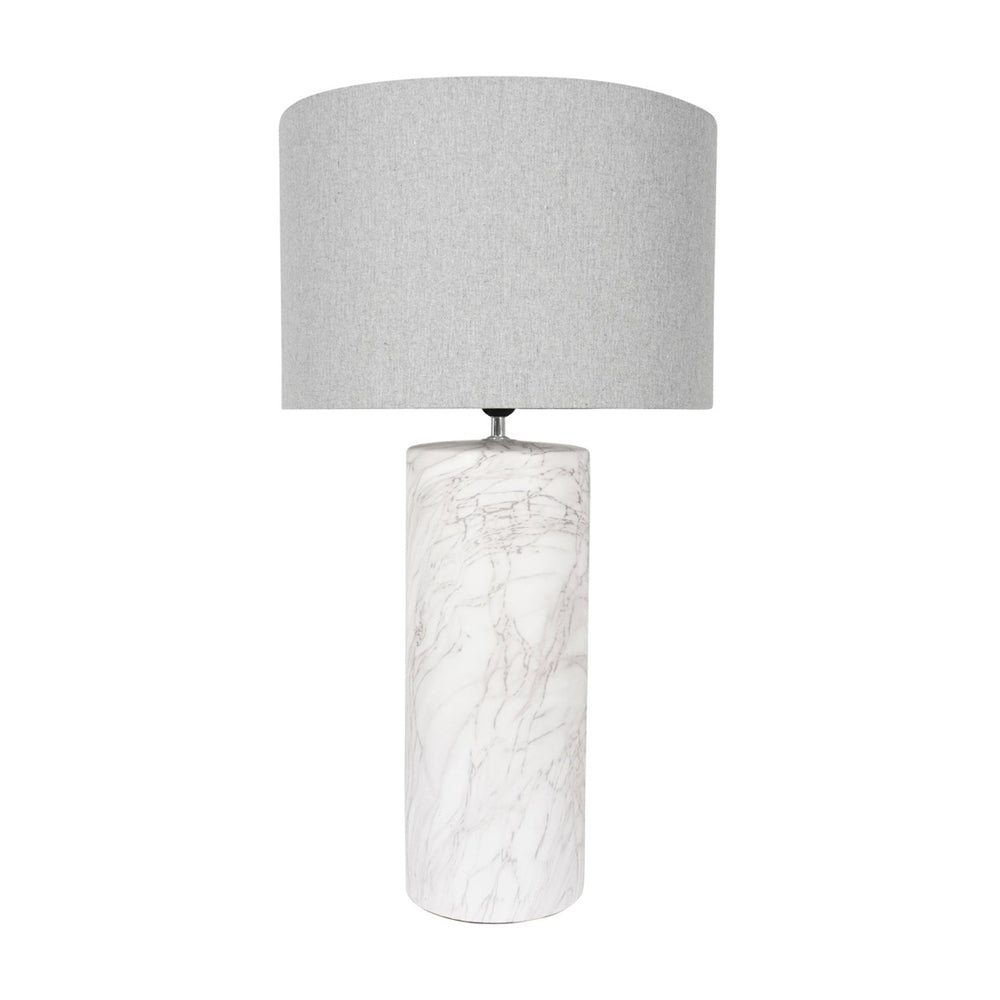 Libra Calm Neutral Collection - Marble Effect Column Table Lamp with Grey Drum Shade