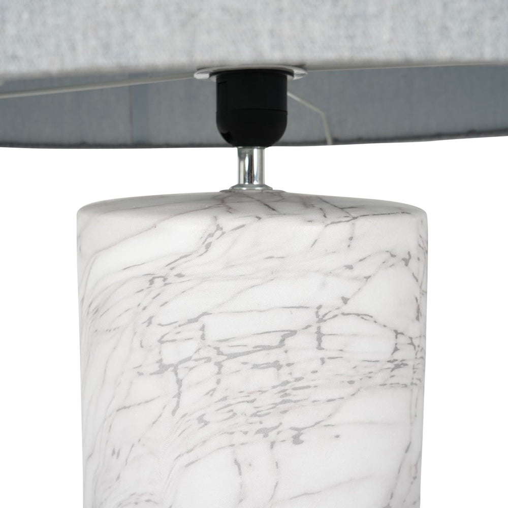 Libra Calm Neutral Collection - Marble Effect Column Table Lamp with Grey Drum Shade