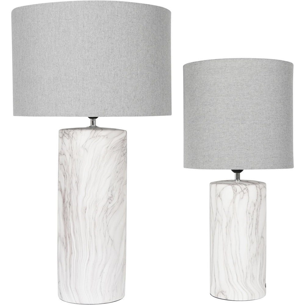 Libra Calm Neutral Collection - Marble Effect Column Table Lamp with Grey Drum Shade